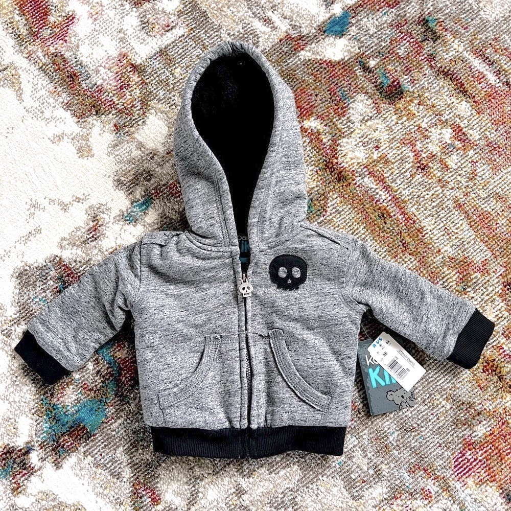 NWT Koala Kik big newborn zip up jacket fleece lined grey black skull baby coat